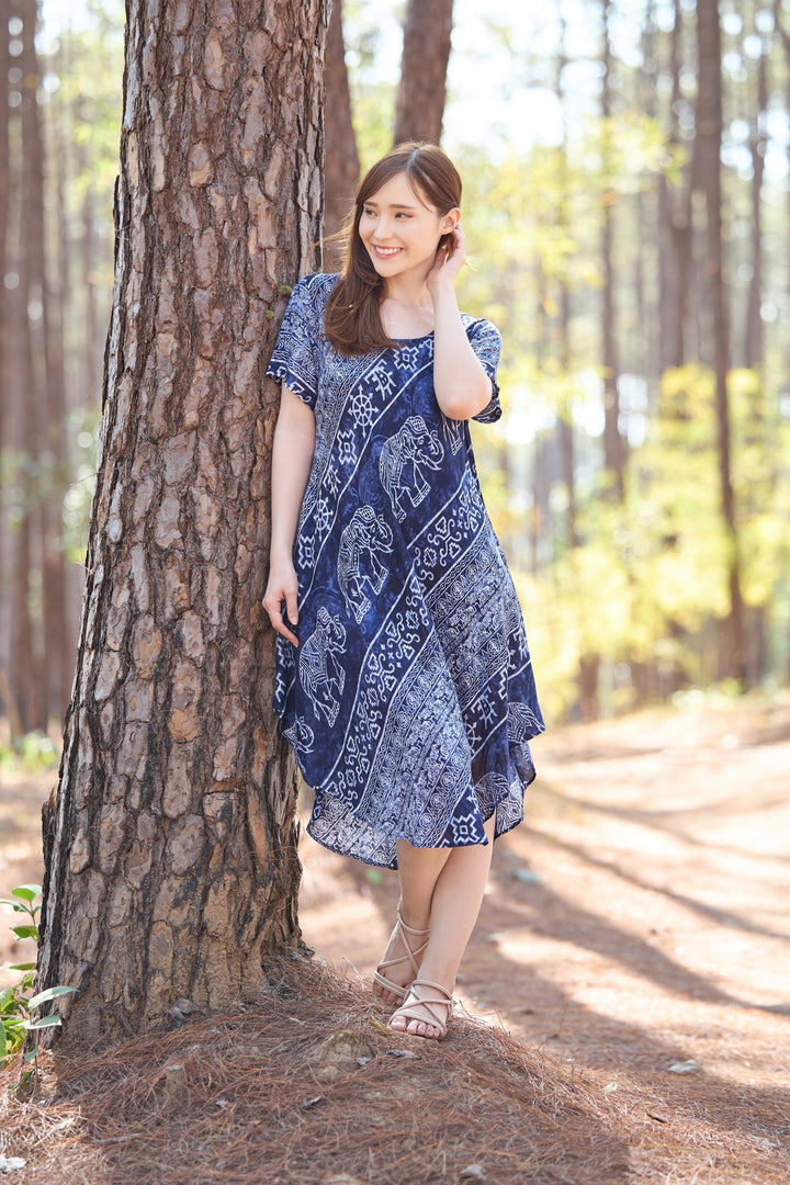 Dark Blue Elephant Fabric Dress with Sleeves and Two Pockets - Lannaclothesdesign Shop