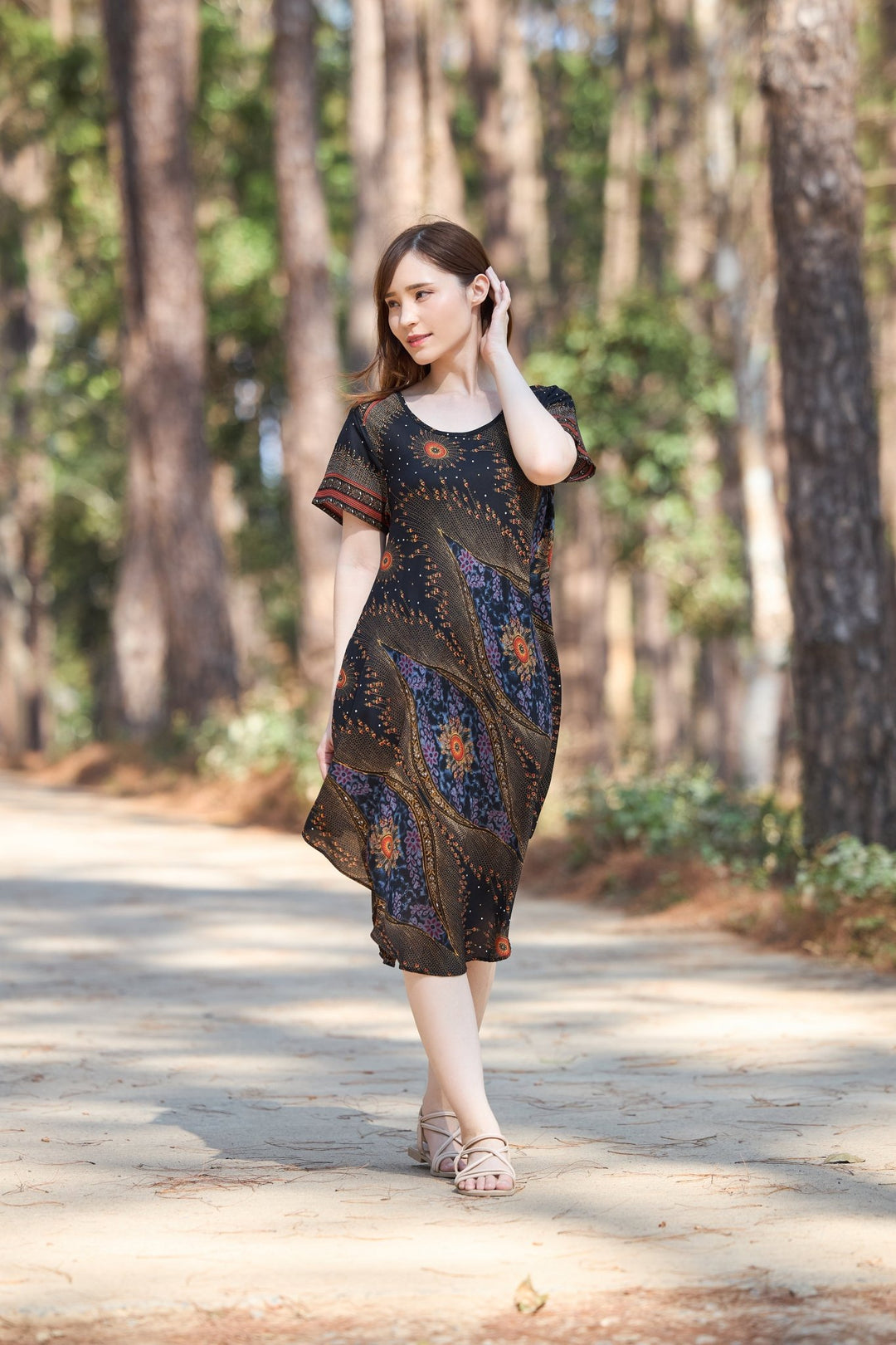 Black Flower Eye Dress with Sleeves and Two Pockets - Lannaclothesdesign Shop