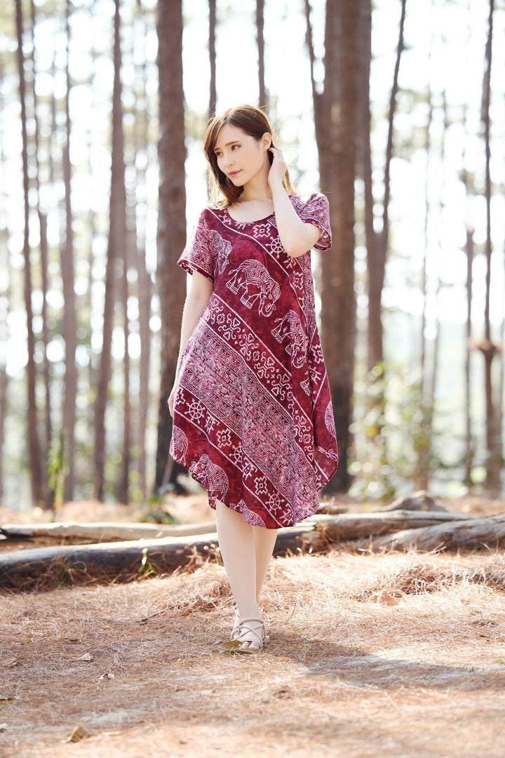 Burgundy Elephant Fabric Dress with Sleeves and Two Pockets - Lannaclothesdesign Shop