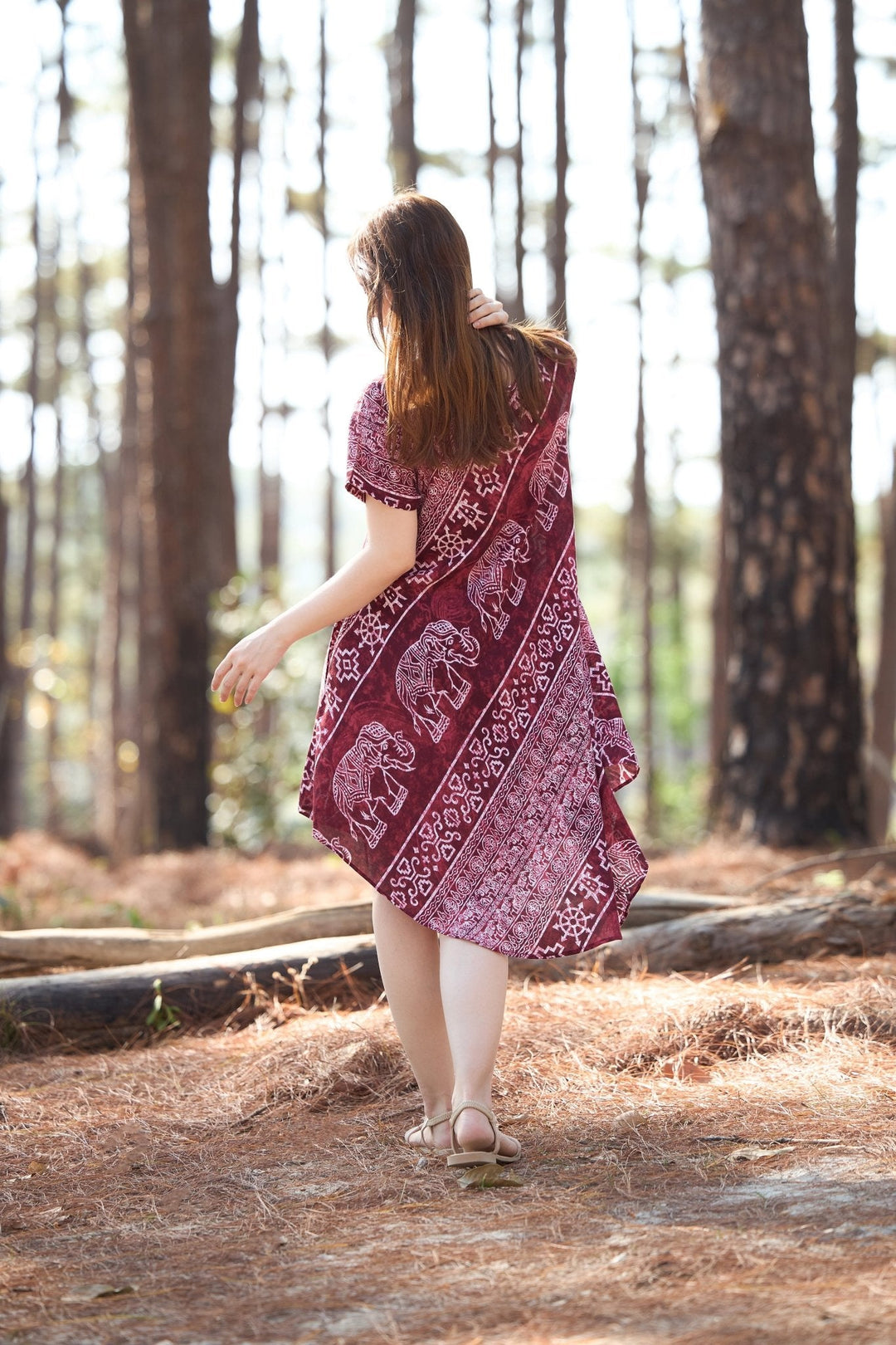Burgundy Elephant Fabric Dress with Sleeves and Two Pockets - Lannaclothesdesign Shop