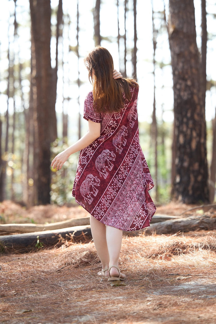 Burgundy Elephant Fabric Dress with Sleeves and Two Pockets - Lannaclothesdesign Shop