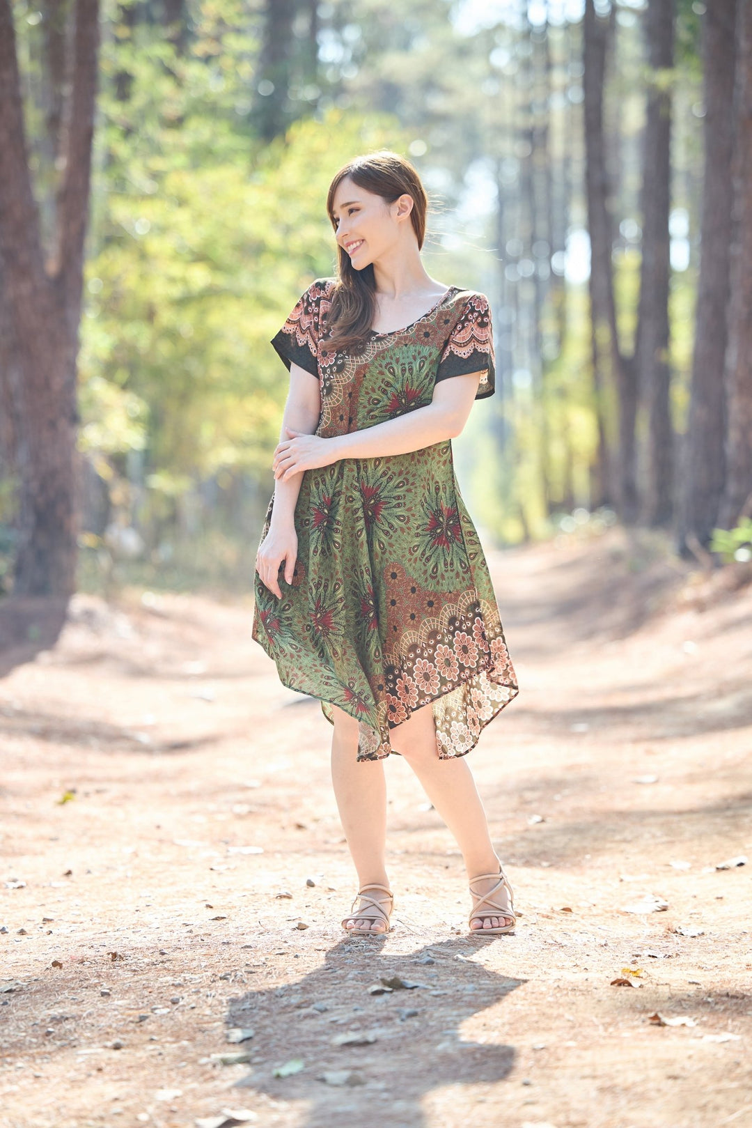 Green Flower Mandala Dress with Sleeves and Two Pockets - Lannaclothesdesign Shop