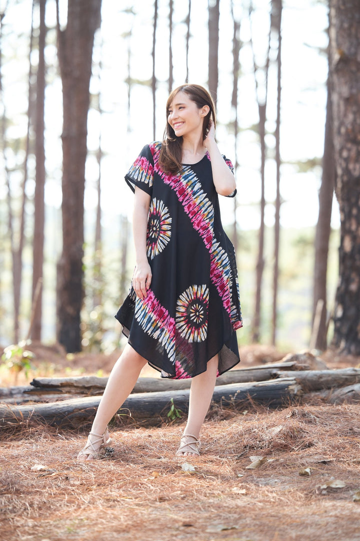 Black Printed Colorful Dress with Sleeves and Two Pockets - Lannaclothesdesign Shop