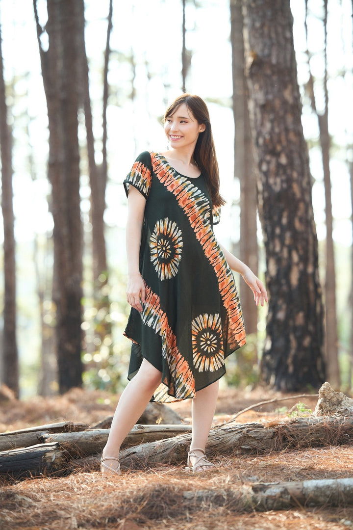 Green Printed Colorful Dress with Sleeves and Two Pockets - Lannaclothesdesign Shop