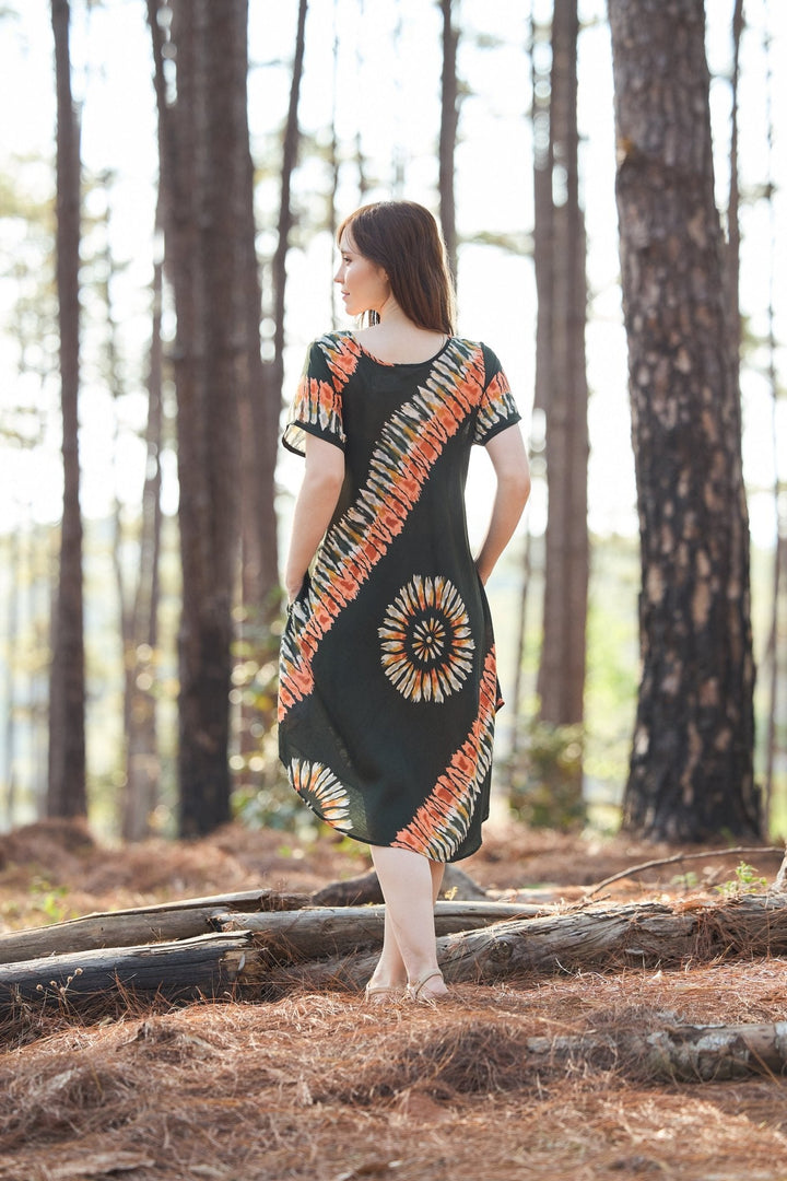 Green Printed Colorful Dress with Sleeves and Two Pockets - Lannaclothesdesign Shop