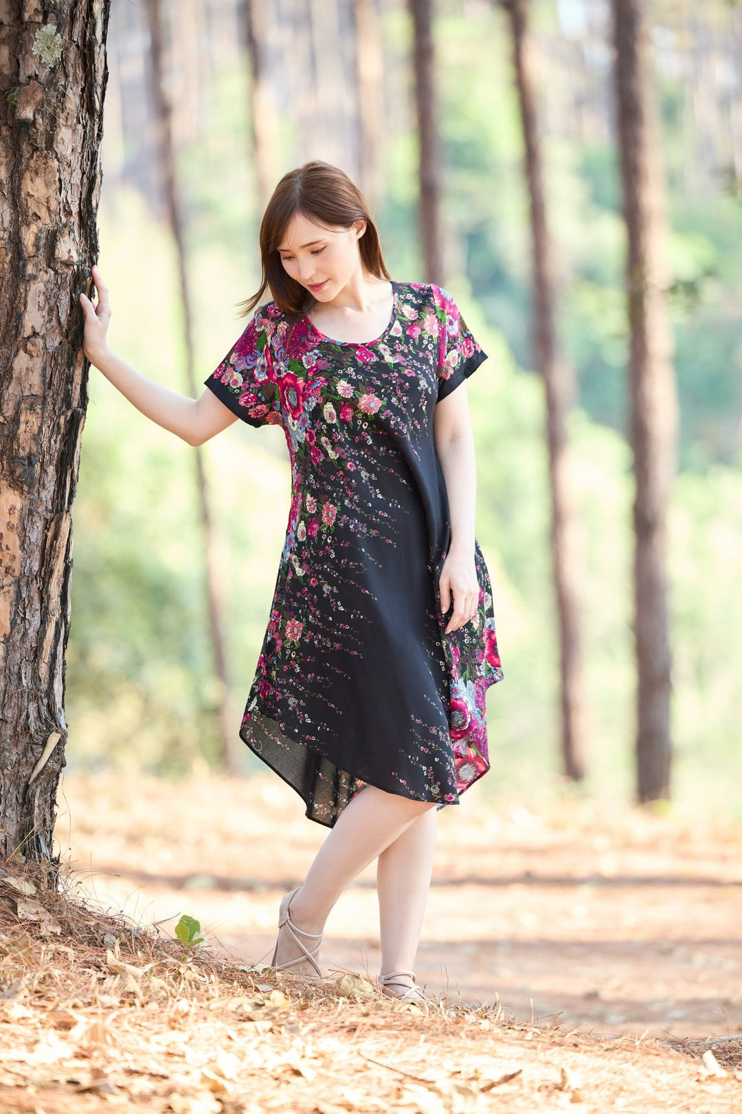 Black Flower fabric Dress with Sleeves and Two Pockets - Lannaclothesdesign Shop