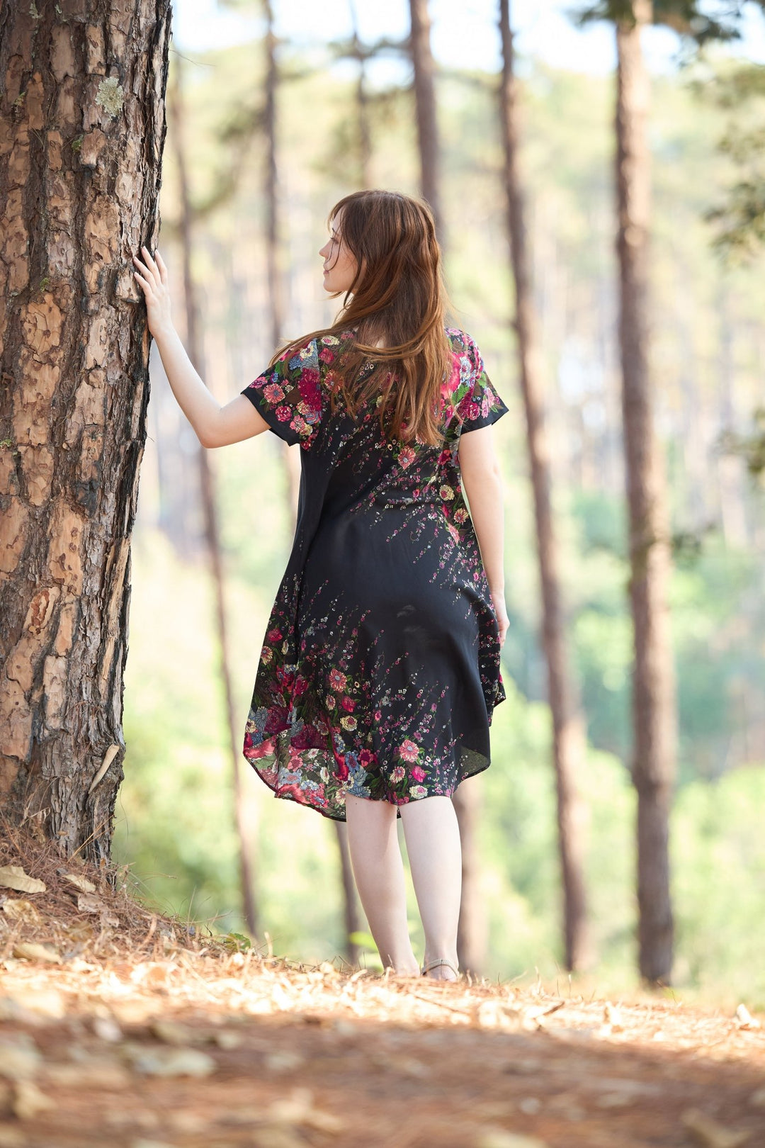 Black Flower fabric Dress with Sleeves and Two Pockets - Lannaclothesdesign Shop