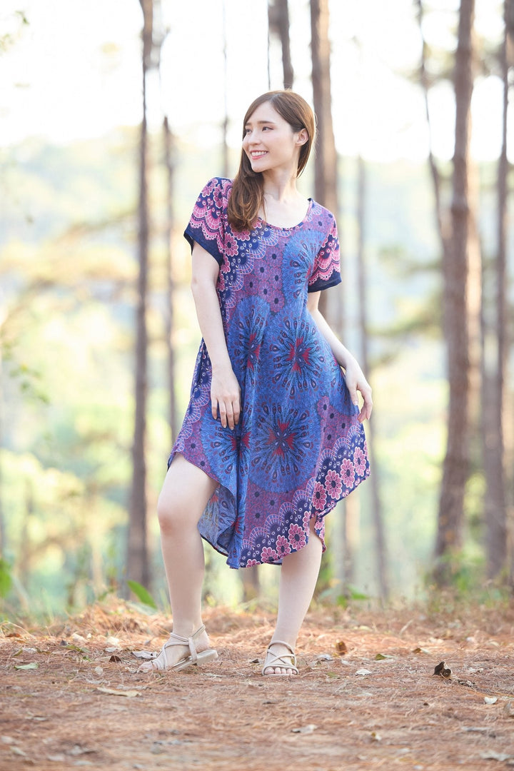 Dark Blue Flower Mandala Dress with Sleeves and Two Pockets - Lannaclothesdesign Shop