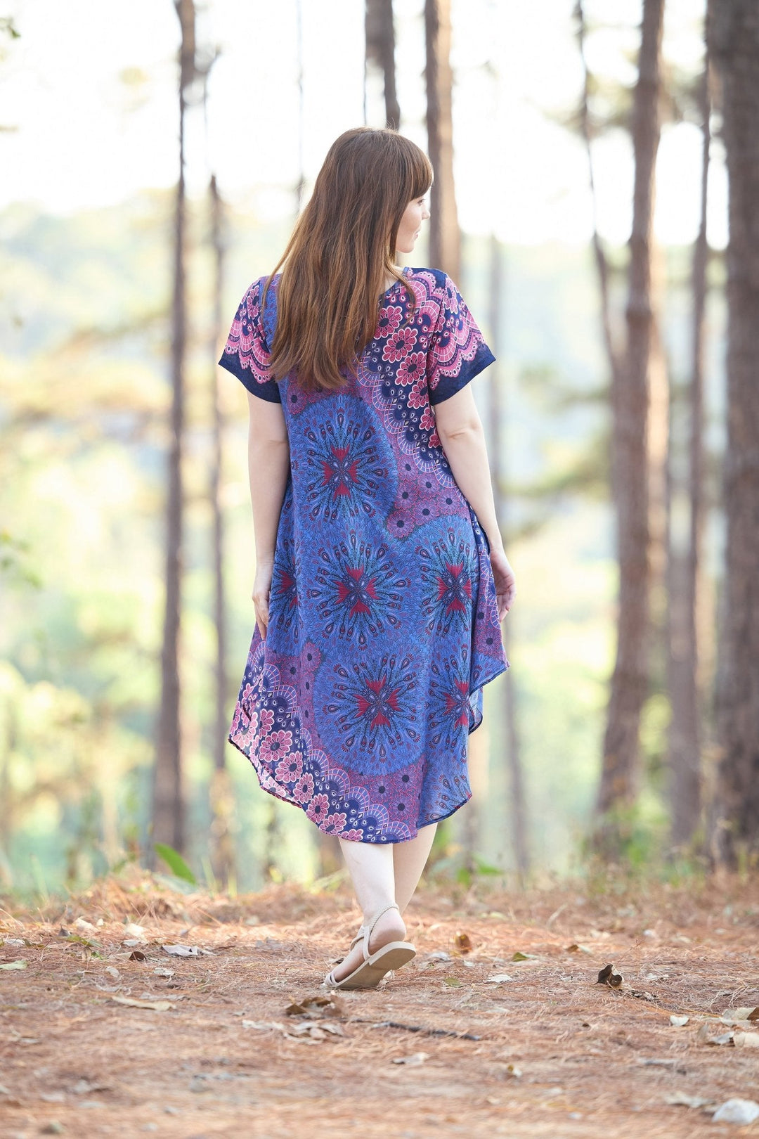 Dark Blue Flower Mandala Dress with Sleeves and Two Pockets - Lannaclothesdesign Shop