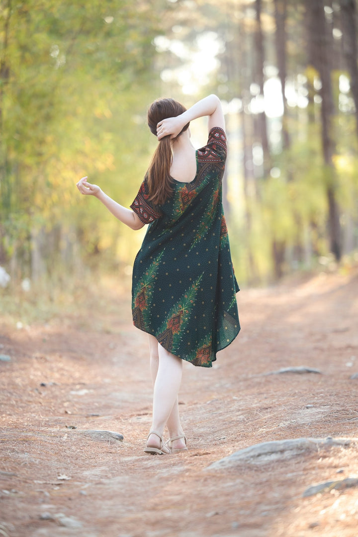 Green Peacock Fabric Dress with Sleeves and Two Pockets - Lannaclothesdesign Shop