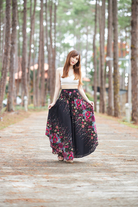 BLACK FLOWER LONG MAXI SKIRT