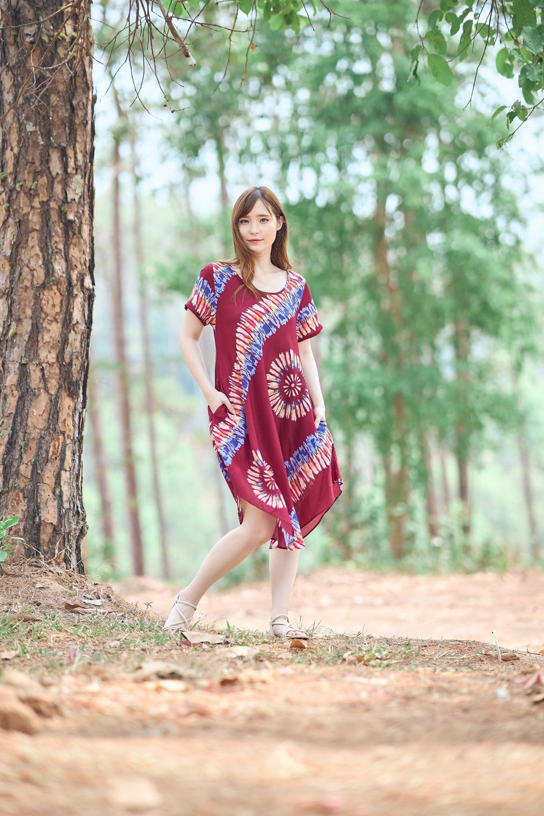Burgundy Printed Colorful Dress with Sleeves and Two Pockets - Lannaclothesdesign Shop