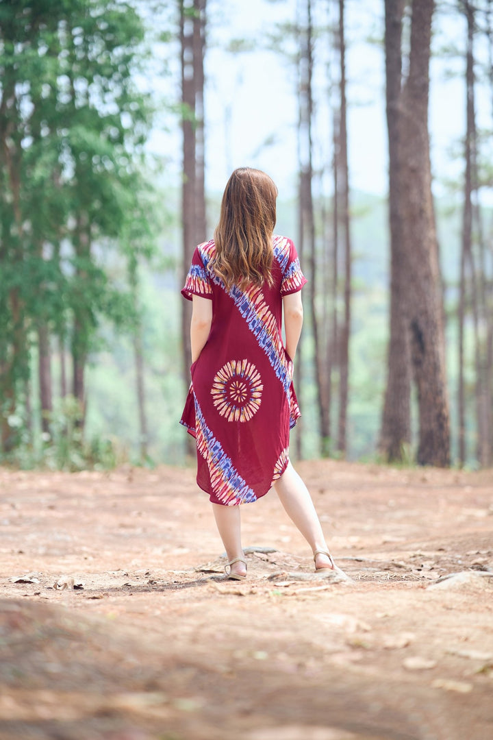 Burgundy Printed Colorful Dress with Sleeves and Two Pockets - Lannaclothesdesign Shop