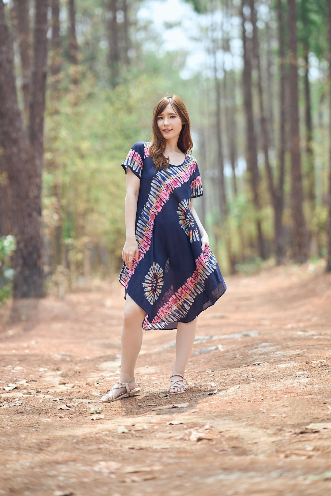 Dark Blue Printed Colorful Dress with Sleeves and Two Pockets - Lannaclothesdesign Shop