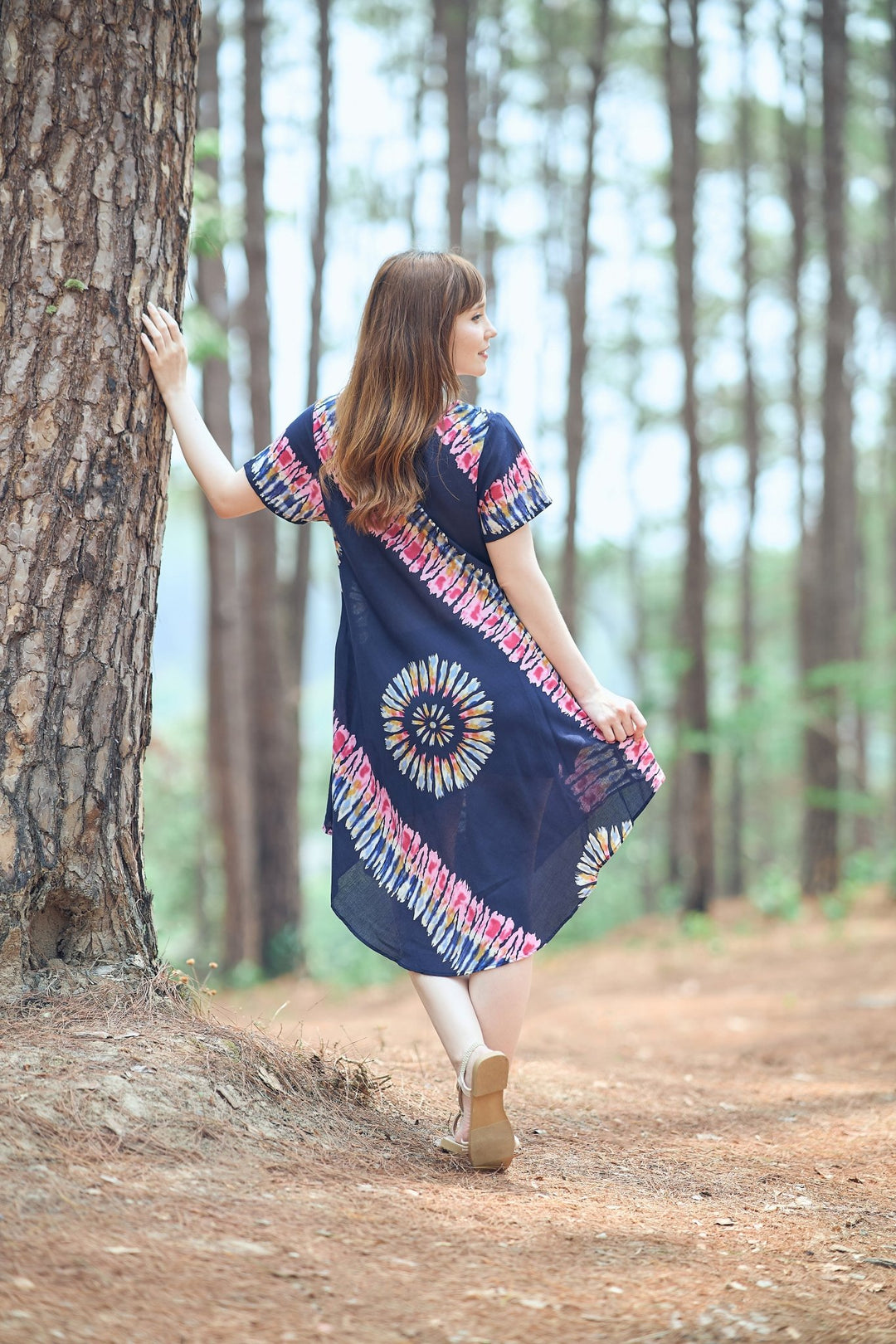 Dark Blue Printed Colorful Dress with Sleeves and Two Pockets - Lannaclothesdesign Shop