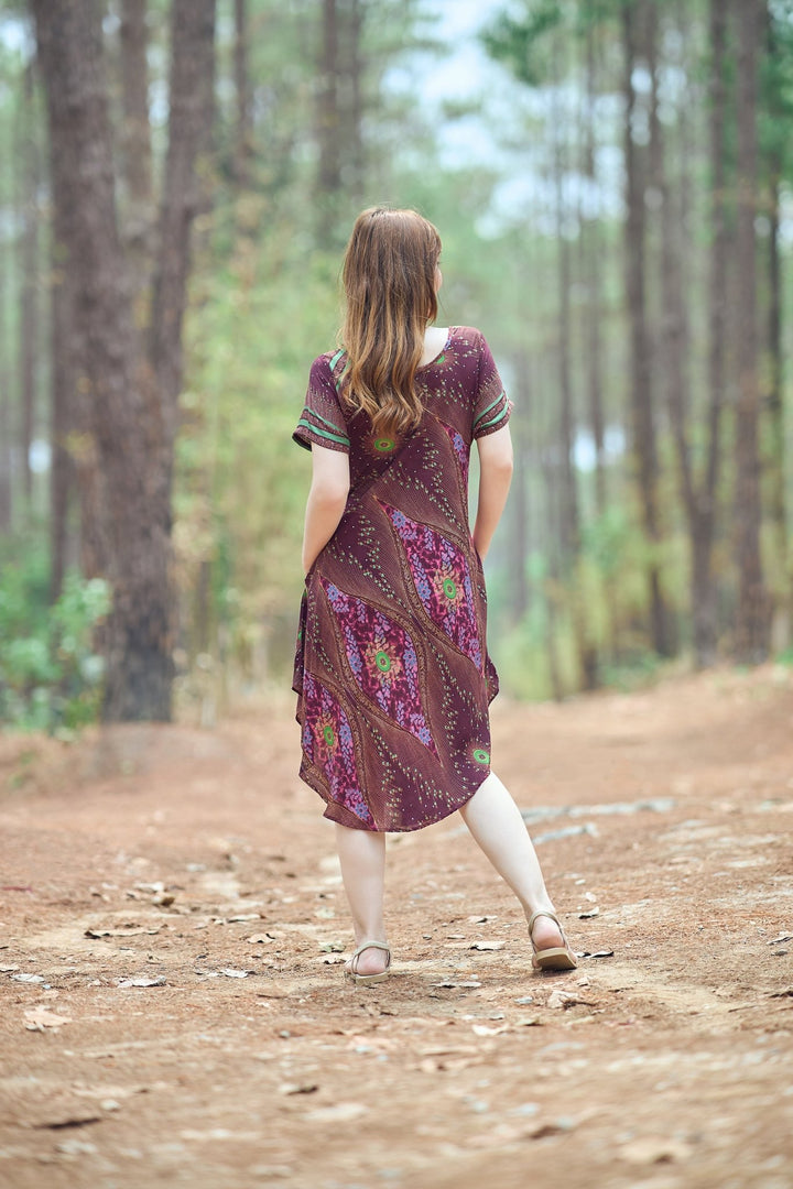 Burgundy Flower Eye Dress with Sleeves and Two Pockets - Lannaclothesdesign Shop