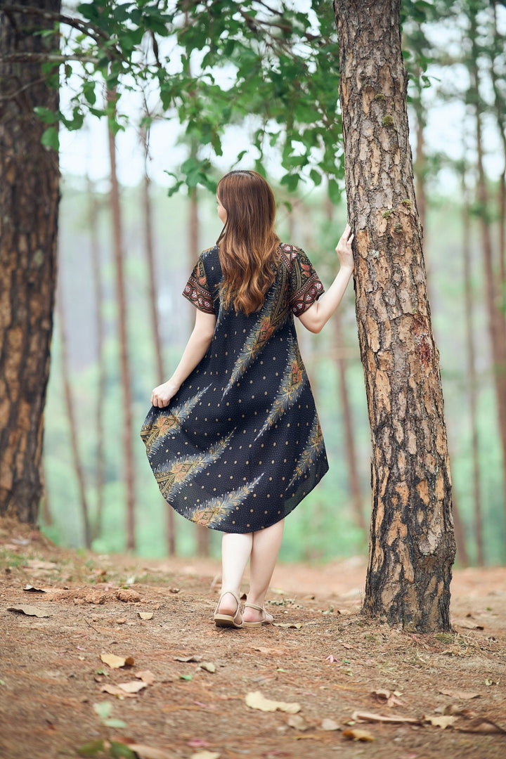 Black Peacock Fabric Dress with Sleeves and Two Pockets - Lannaclothesdesign Shop