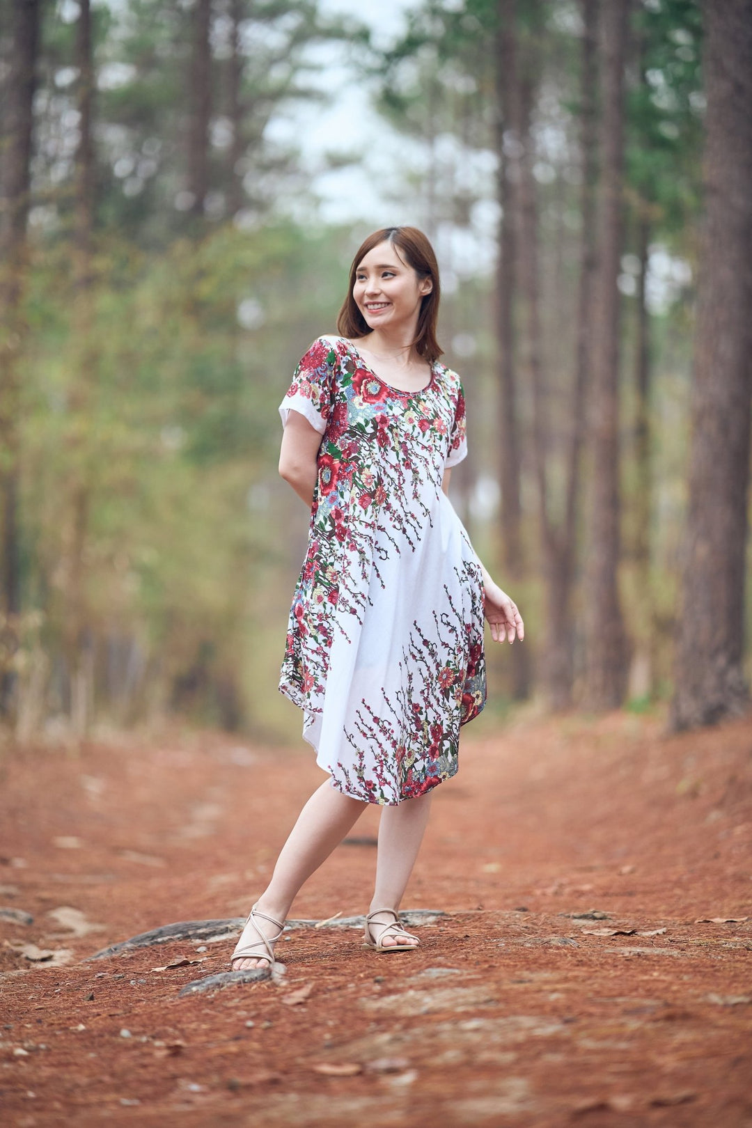 White Flower fabric Dress with Sleeves and Two Pockets - Lannaclothesdesign Shop