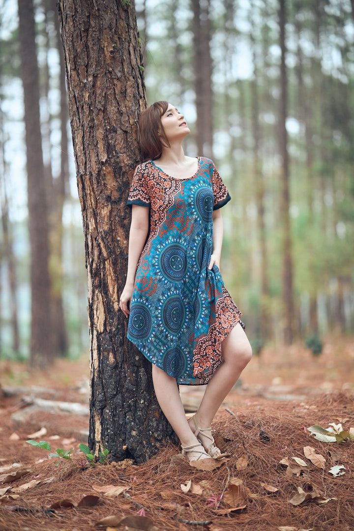 Teal Rose Circle Fabric Dress with Sleeves and Two Pockets - Lannaclothesdesign Shop