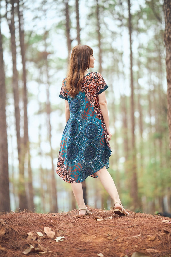 Teal Rose Circle Fabric Dress with Sleeves and Two Pockets - Lannaclothesdesign Shop