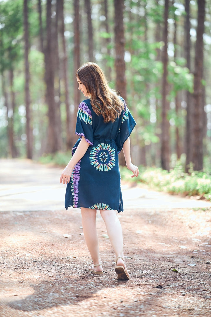 Rayon Boho Tops Dress Kimono - Teal Printed Colorful - Lannaclothesdesign Shop