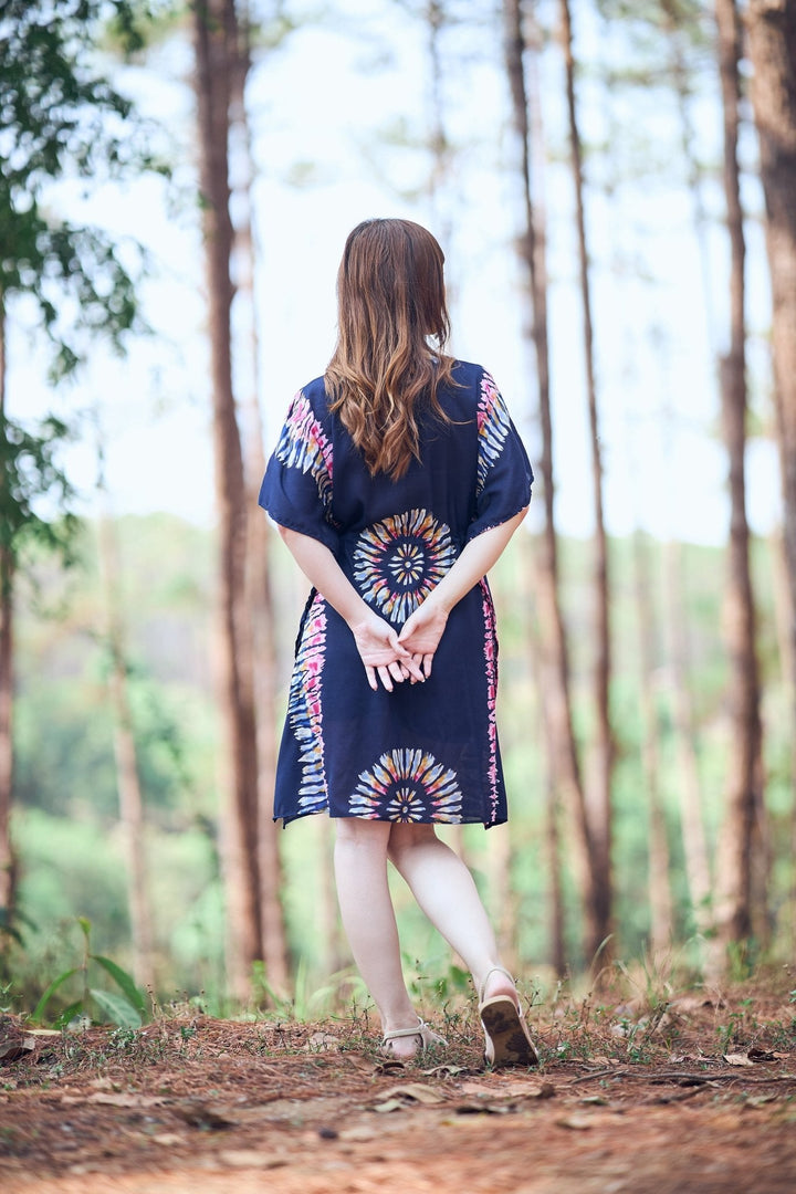 Rayon Boho Tops Dress Kimono - Dark Blue Printed Colorful - Lannaclothesdesign Shop