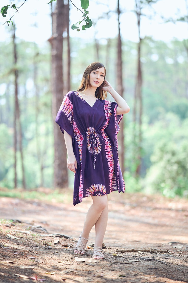 Rayon Boho Tops Dress Kimono - Purple Printed Colorful - Lannaclothesdesign Shop