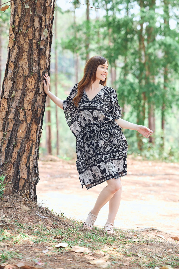Rayon Boho Tops Dress Kimono - Black Elephant - Lannaclothesdesign Shop