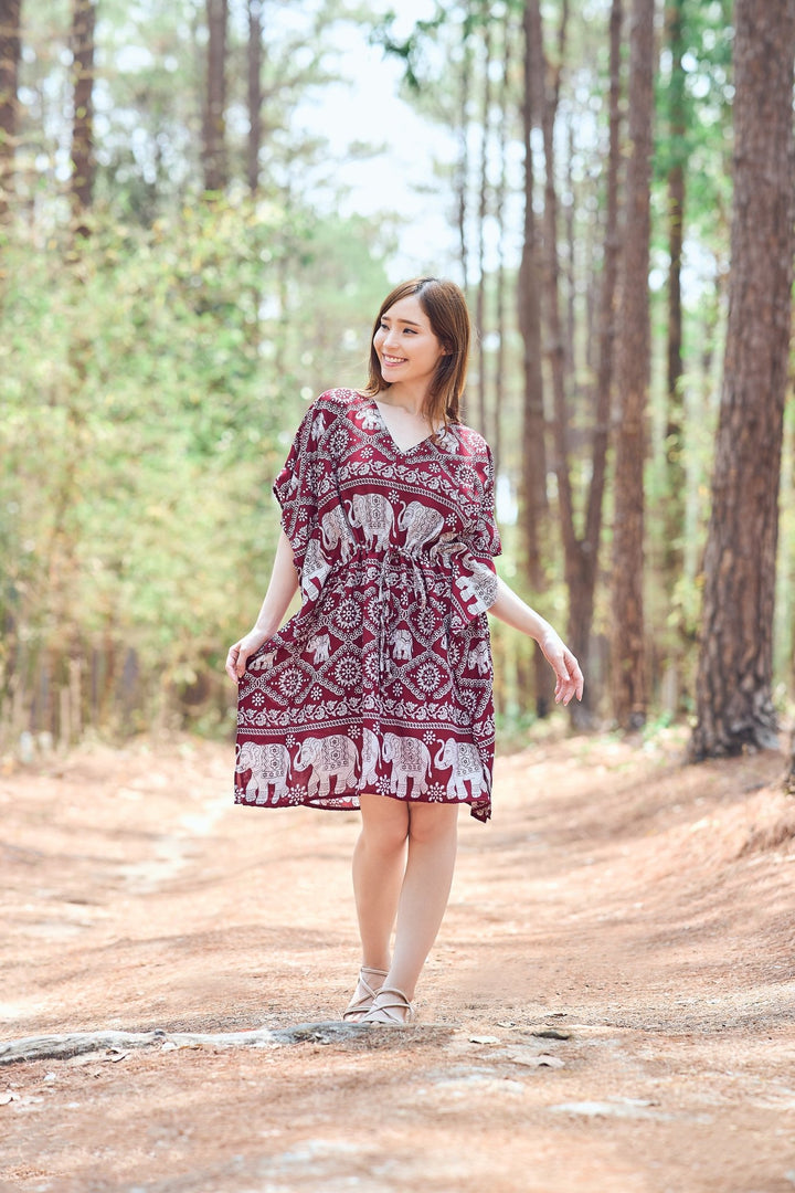 Rayon Boho Tops Dress Kimono - Burgundy Elephant - Lannaclothesdesign Shop