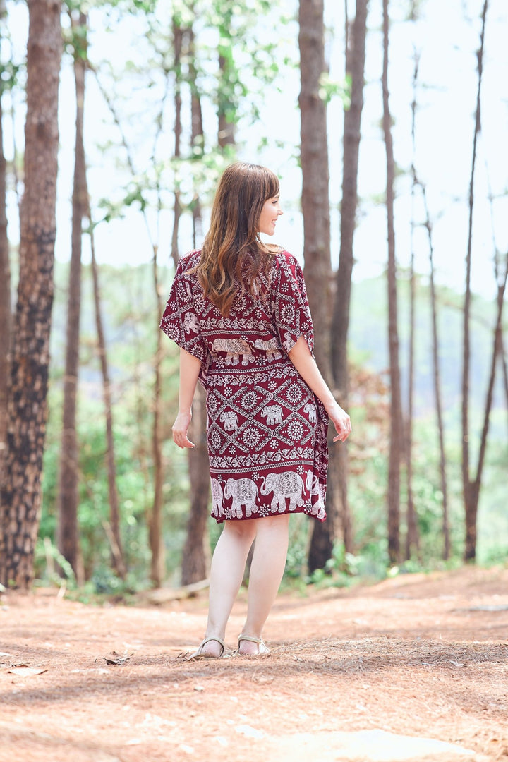 Rayon Boho Tops Dress Kimono - Burgundy Elephant - Lannaclothesdesign Shop