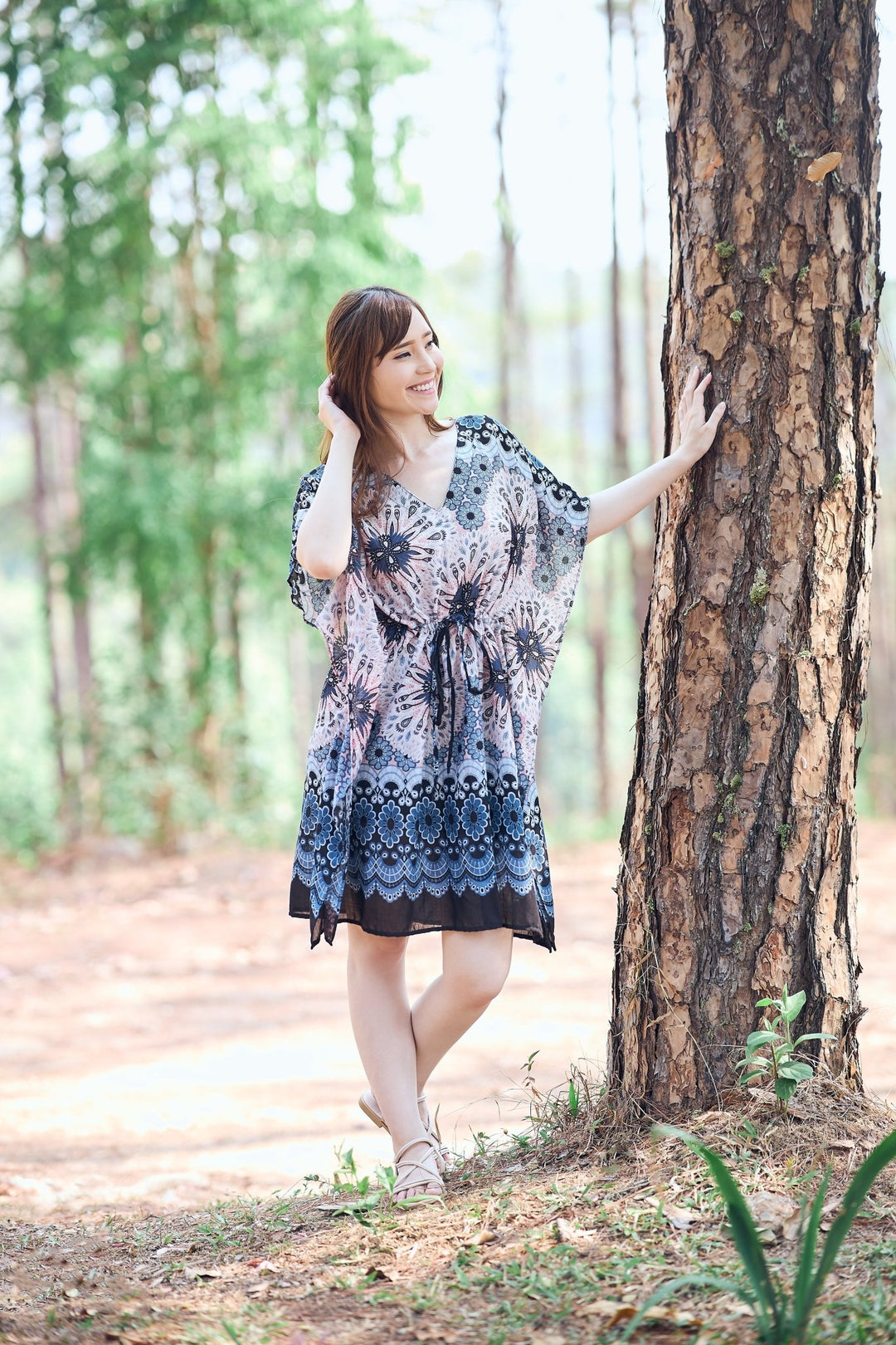 Rayon Boho Tops Dress Kimono - Black White Flower Mandala - Lannaclothesdesign Shop