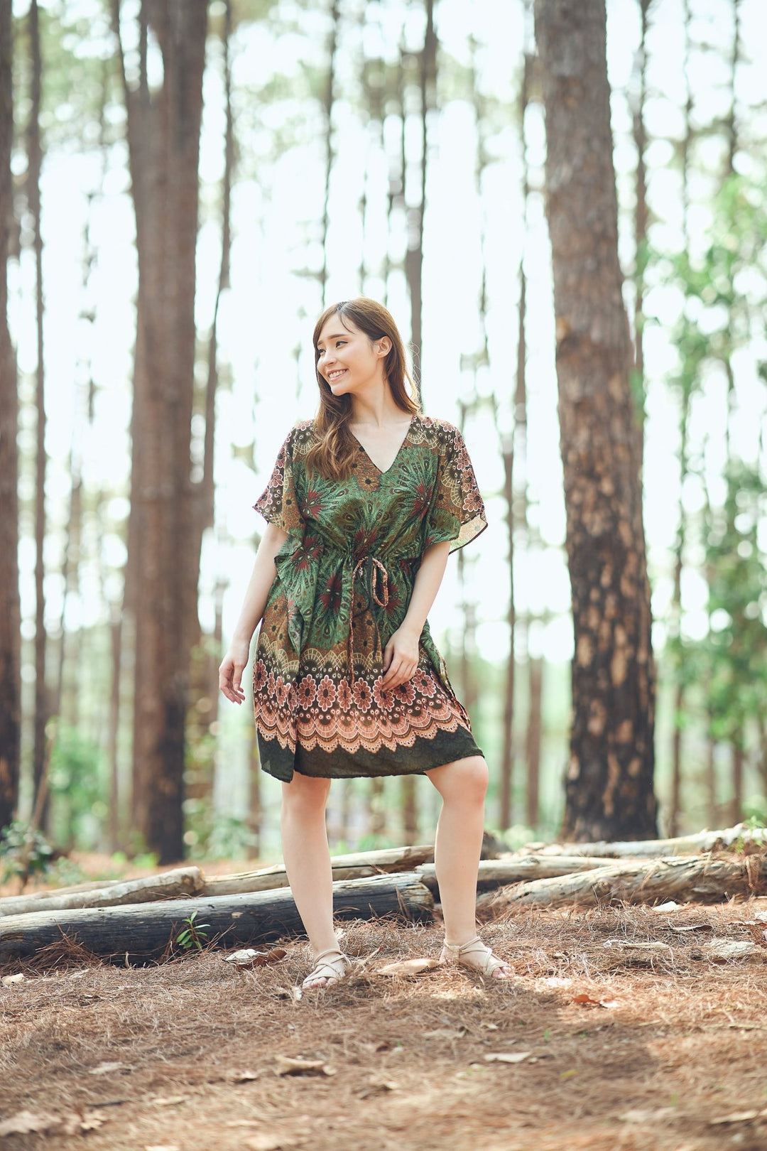 Rayon Boho Tops Dress Kimono - Green Flower Mandala - Lannaclothesdesign Shop