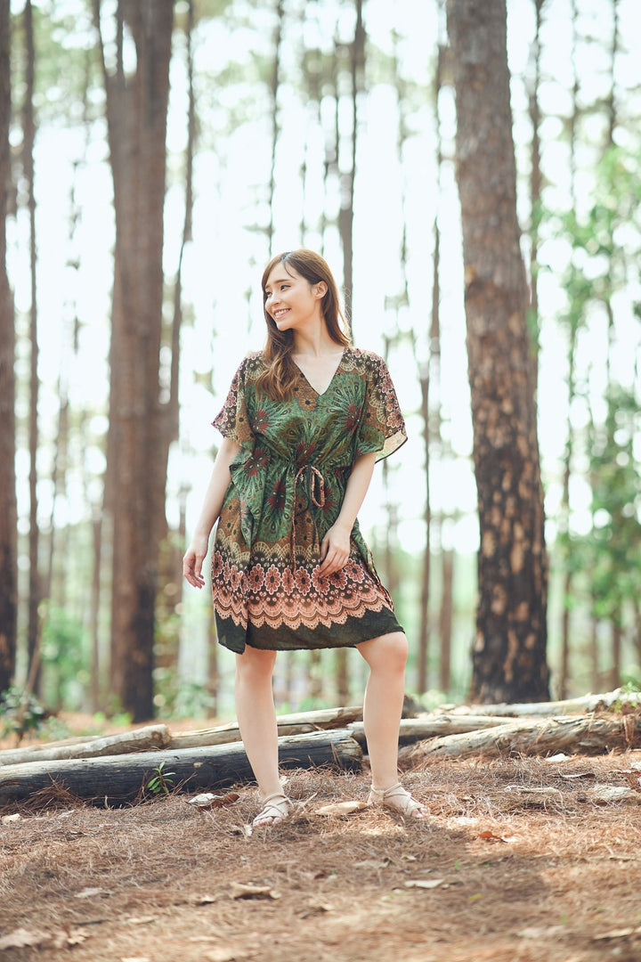 Rayon Boho Tops Dress Kimono - Green Flower Mandala - Lannaclothesdesign Shop