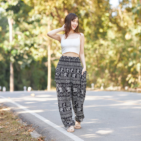 Black Elephant Stamp Harem Pants