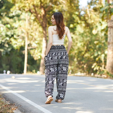 Black Elephant Stamp Harem Pants