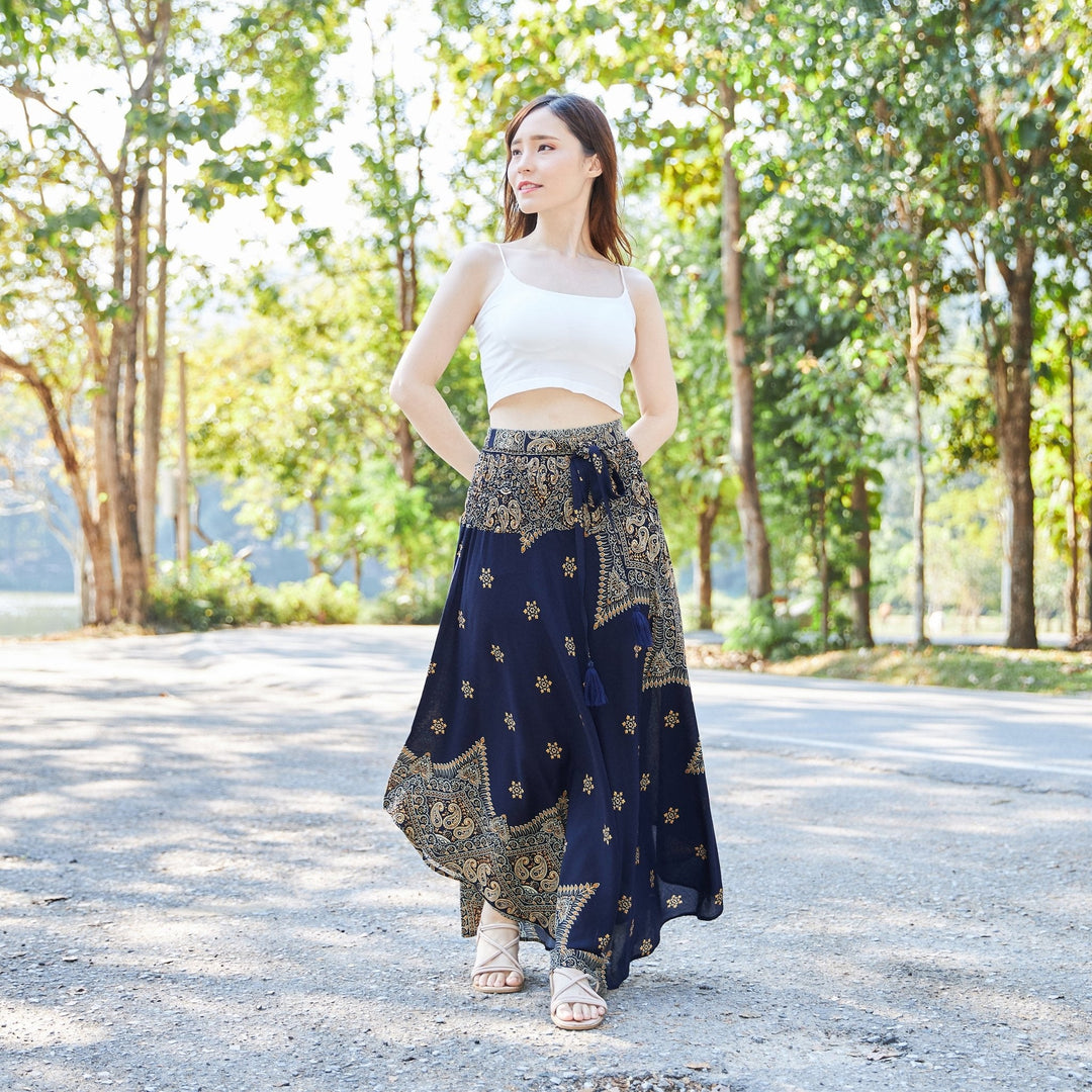 DARK BLUE PEACOCK FLOWER SKIRT - Lannaclothesdesign Shop