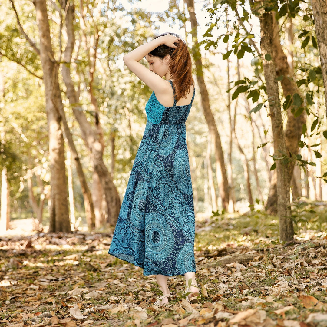 Long Summer Dress with Crochet Top - Teal - Lannaclothesdesign Shop