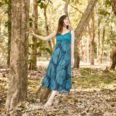 Long Summer Dress with Crochet Top - Teal