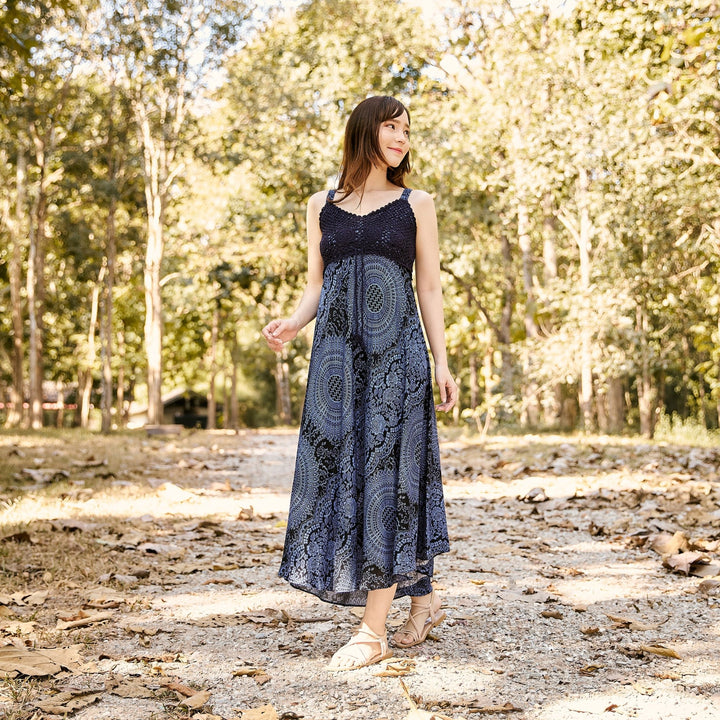 Long Summer Dress with Crochet Top - Dark Blue - Lannaclothesdesign Shop