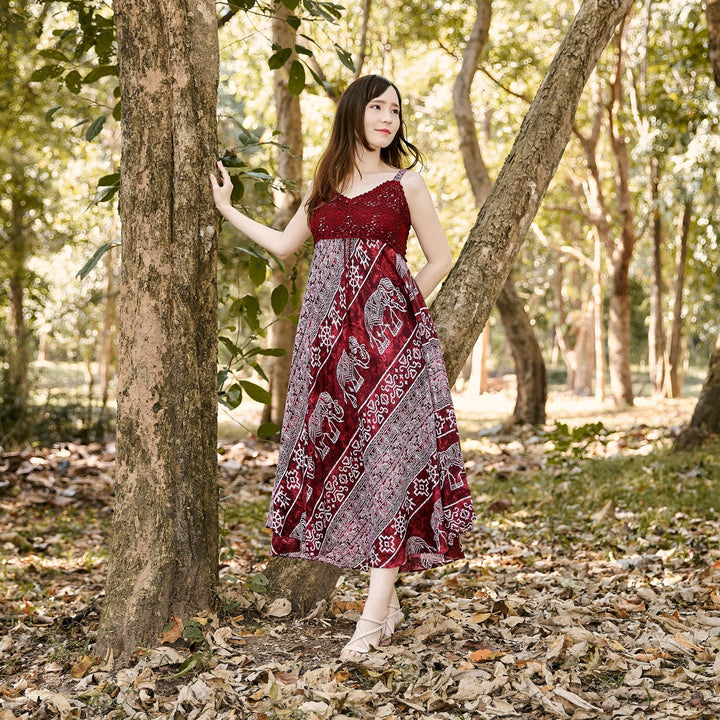 Long Summer Elephant Dress with Crochet Top - Burgundy - Lannaclothesdesign Shop