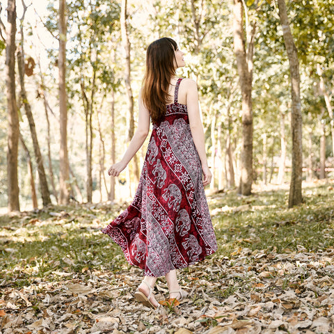 Long Summer Elephant Dress with Crochet Top - Burgundy