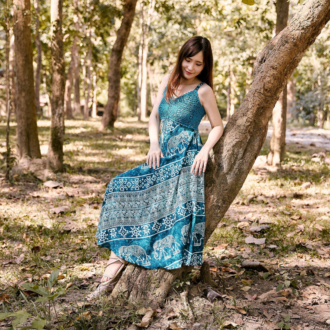 Long Summer Elephant Dress with Crochet Top - Teal - Lannaclothesdesign Shop