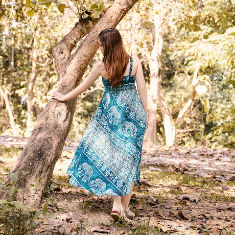 Long Summer Elephant Dress with Crochet Top - Teal