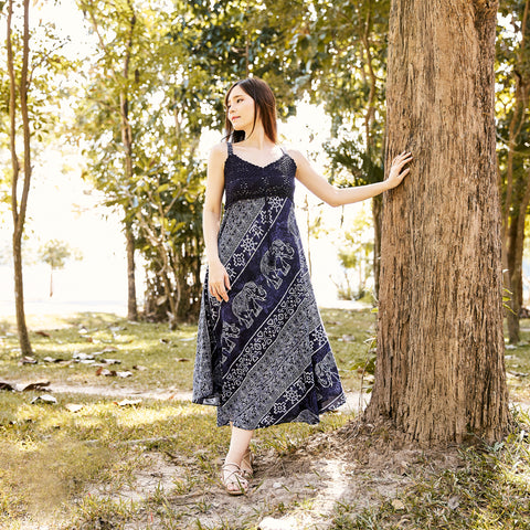 Long Summer Elephant Dress with Crochet Top - Dark Blue