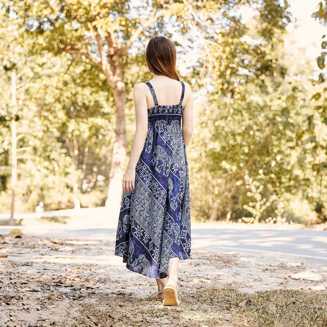 Long Summer Elephant Dress with Crochet Top - Dark Blue - Lannaclothesdesign Shop