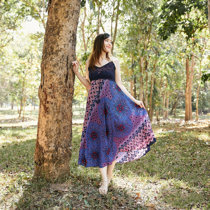 Long Summer Flower Mandala Dress with Crochet Top - Dark Blue - Lannaclothesdesign Shop
