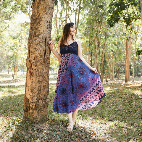 Long Summer Flower Mandala Dress with Crochet Top - Dark Blue