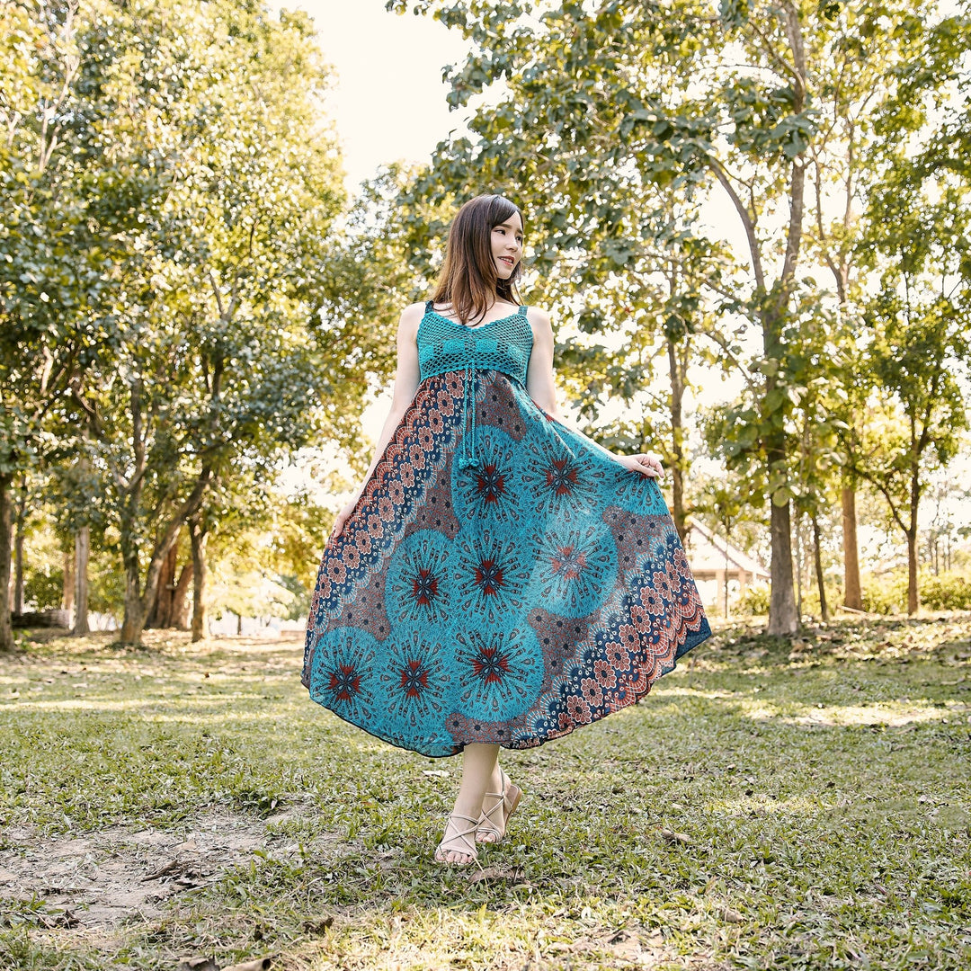 Long Summer Flower Mandala Dress with Crochet Top - Teal - Lannaclothesdesign Shop