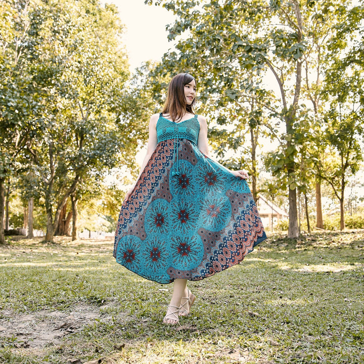 Long Summer Flower Mandala Dress with Crochet Top - Teal - Lannaclothesdesign Shop