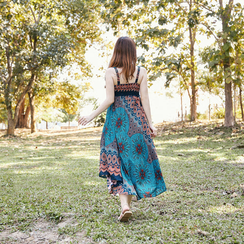 Long Summer Flower Mandala Dress with Crochet Top - Teal